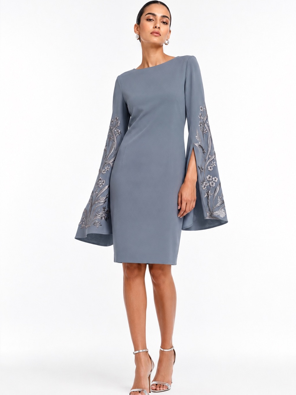 Alberto Makali Pale Blue Embroidered Bell-Sleeve Shift Dress
